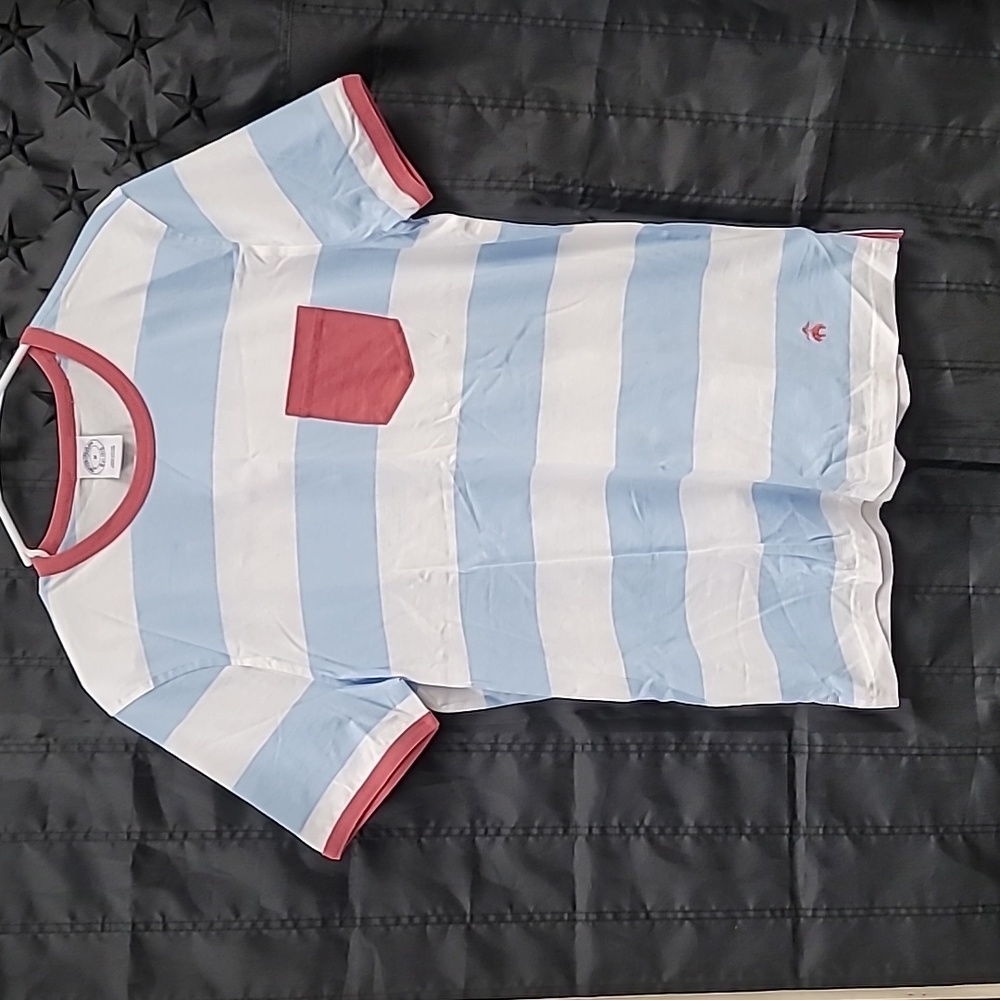 Brooks Brothers pocket T Shirt Medium White/Baby Blue stripe, Mauve accents NWT